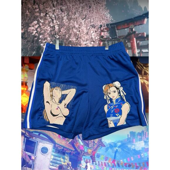Large- Blue- Showering Chun Li Embroidered Basketball Shorts